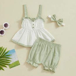 Clothing Sets Baby Girl Summer Set Square Neck Cami Tops Elastic Waist Frill Trim Shorts 3D Bow Headband Infant Toddler 3 Piece Outfits