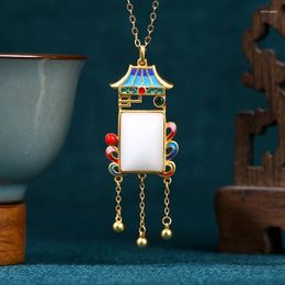 Pendant Necklaces Ancient Gold-Plated Burnt Blue Ethnic Style Imitation White Jade Necklace High-Grade Chinese Penglai Xianlou Scenic Spot