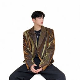 2023 Autumn Korean style Persalized bright face design suit men casual loose s gold glossy suit for men M-XL y5K2#
