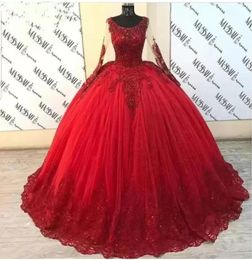 2022 Vintage Puffy Ball Gown Quinceanera Dresses Long Sleeve Red Tulle Beaded Lace Sweet 16 Mexican Party Dress Ball Gowns BC11332 B04149047653