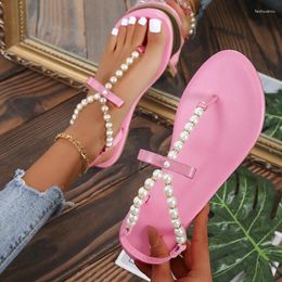 Summer Pearl Sandals Plus Flat String Clip-toe Women Size Shoes 43 Trendy Beach Pink Slip-on Flats 959 s