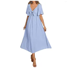 Casual Dresses Summer Short Sleeves For Women Solid V Neck Bow Party Maxi White Elegant Lady Beach Holiday A Line Long Dress