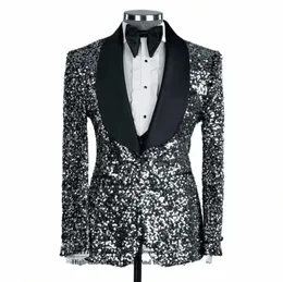 shiny Sequins Men Suits Shawl Lapel Groom Wedding Tuxedos 3 Pieces Sets Busin Male Blazers Slim Fit Bridegroom Costume Homme n0oL#