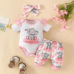 Clothing Sets FOCUSNORM Summer Baby Girls 3Pcs Clothes Outfit Short Sleeve Elephant Print Romper Floral Shorts Headband