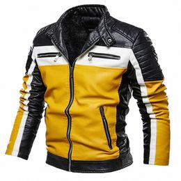 men Yellow PU Leather Jacket Patchwork Biker Jackets Casual Zipper Coat Male Motorcycle Jacket Slim Fit Fur Lined Outwear Coat y32H#