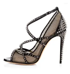 Sandals Fashion Net Designer Thin High Heel Women Sexy Rivet Straps Peep Toe Summer Dress Shoes Plus Size 43