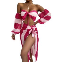 Summer Gold Luxury Bandeau Beach Dresses Printed Swimwear for Plus Size Ladies Long Sleeve Swimsuit Women Boho Bikinis