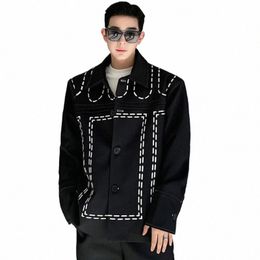 iefb Embroidery Men's Jackets Persality Lapel Pleated Ctrast Colour Male Short Coats Korean Stylish Spring New Chic 9C4340 x69x#