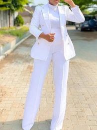 Elegant Women Blazer Sets Buttons White Wide Leg Pant Suits Fashion Professional Party Office Business Outfits Single Pack 240327