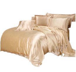 Luxury Satin Silk Bedding Sets Duvet Cover Flat Fitted Sheet Twin Full Queen King size 4pcs6pcs linen set Black 100golden CJ19122059218