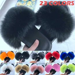 Slippers Slippers 23 color Fasion womens fur slippers Womens Soes Plus fox air fluffy sandals Winter warm H240327