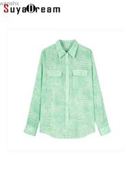 Women's Blouses Shirts SuyaDream Womens Printed Shirt 100% Silk Crepe Chest Pocket Green Top 2024 Spring/Summer Office Womens TopL240328