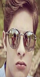 CandisGy Stempunk Clip on Hip hop Brand design Women Men Mirror Sunglasses UV400 sun glasses lady Round lens Heavy Metal Frame1303262