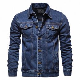 2023 Spring Men Solid Lapel Denim Jackets Fi Motorcycle Jeans Jackets Hommes Slim Fit Cott Casual Black Blue Coats H8CE#