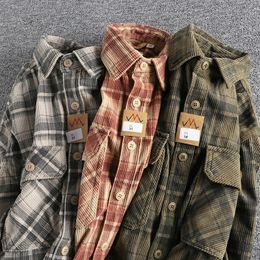 Spring American Retro LongSleeve Lapel Brushed Fabric Plaid Shirt Mens Fashion 100 Cotton Washed Loose Casual Blouses 240326