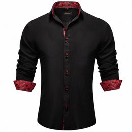 dibangu Men Shirt Lg Sleeve Black Solid Red Paisley Colour Ctrast Fi Dr Shirt for Men Butt-down Collar Men Clothing 90WT#