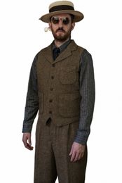 wool Casual Woollen Cloth Herringbe Slim Fitting Suit Vest Men's Retro Waistcoat Steampunk 32ol#