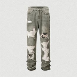 Men's Jeans Men Grey Patch Destroyed Ripped Holes Five-Pocket Styling Autumn Streetwear