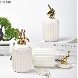 Jars Ceramic Storage Tank Plating Animal Cover Decoration Jewellery Box Candy Jar Cotton Swab Box WhiteVertical Stripes Decorative Jar