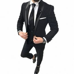 black Slim Suits for Men 3 Piece Busin Formal Wedding Groom Tuxedo Prom Fi Shawl Lapel Male Suit Blazer+Vest+Pants Z10i#