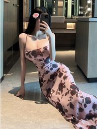 Casual Dresses WOMENGAGA Flower Sexy Spicy Girl Low Cut Open Back Lace Up Dress Elegant Long Slim Fashion Women Robe Tops 2B9L