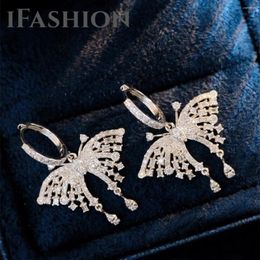 Dangle Earrings IFASHION Butterfly 1.36ct Diamond Trapezoidal Tassels 18K Import Solid Yellow Real Gold Jewelry(AU750)For Women