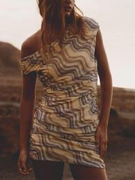 Casual Dresses TFMLN 2024 Women's Printed Mini Dress Fashion Tulle Asymmetric Collar Vintage Off Shoulder Sleeveless Slim Female