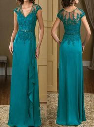 Turquoise Chiffon ALine Evening Dresses V Neck Lace Appliques Mother Of The Bride Dresses Custom Mother Beads Godmother Gowns9042335