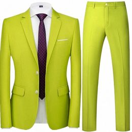 2023 Spring and Autumn Fi New Men's Busin Casual Solid Colour Suits / Male One Butt Blazers Jacker Coat Trousers Pants V98V#