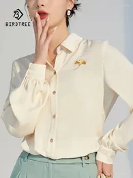 Women's Blouses Birdtree Women Spring/Summer 2024 19MM Mulberry Silk Embroidery Shirt Long Sleeve White Commuter Elastic Top T38228QC