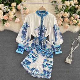Guilantu Spring Autumn Shirt And Short Pants Two Piece Set Outfits Fashion Print Floral Casual Vintage 2 Piec Woman Sets Clothes 240327