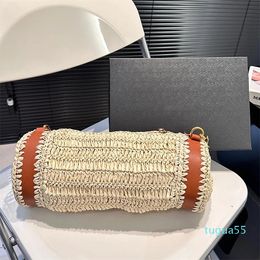 Straw Bag Designer Summer Beach Bag Woven Pillow Bag Chain Leather Splicing Handbag Purse Weekend Travel Bags Cylindrical Shape Shoulder Bags Totes