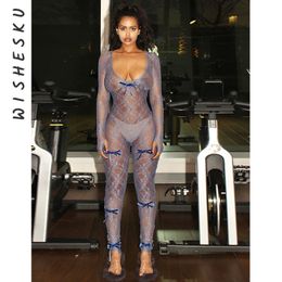 Sexy Low Cut Mesh See Through Knotted Jumpsuits Women Long Sleeve Pencil Pants One Piece Rompers Summer Lolita Y2K Clothes 240313