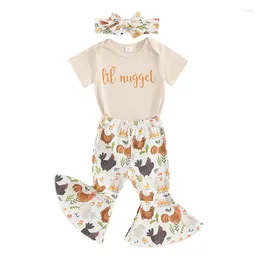 Clothing Sets Infant Baby Girls Summer Outfits Cute Short Sleeve Letters Print Romper With Chicken Flare Pants And Headband 3PCS