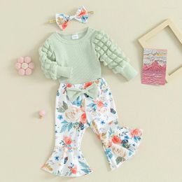 Clothing Sets Baby Girls Fall Outfits Solid Colour Long Sleeve Rompers Floral Print Flare Pants Headband 3Pcs Clothes Set