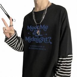 fi Men Women Meet Me At Mid Night Letter Print T Shirt Women Patchwork Aesthetic Tshirts Lg Sleeve Oversized Tops Tees Y423#