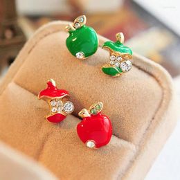 Stud Earrings Creative Cute Women Asymmetrical Rhinestone Apple Fruit Shaped Interesting Sweet Personality Glazed Jewelry