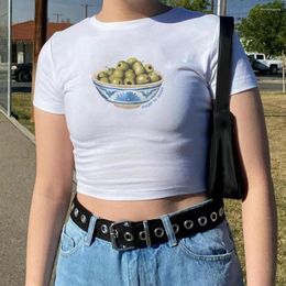 Women's T Shirts Painted Olive Bowl 90s Baby Tee Vintage Trendy Graphic Shirt Cute Aesthetic Crop Top Women Y2k Clothes