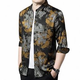 2024 Autumn Tops 100% Nati Silk Shirts For Mens Fr Printed Busin Clothing Wedding Party Dr Satin Blouse Large Size m1pQ#