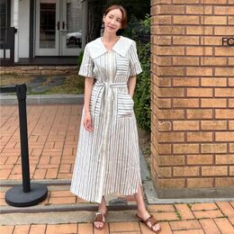 Party Dresses Women's Summer Long Striped Shirt Dress With Belt Lapel Collar Single Breasted Slim A-line Casual Midi Sundress