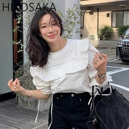 Women's Blouses O-neck Pleated Ruffles Spliced Blouse Women Elegant Loose Casual Solid Long Sleeve Top 2024 Spring Blusas Mujer Moda