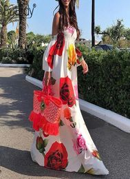 Print Big Red Floral Flower Long FloorLength Maxi Dress Women Sexy Strapless Summer Beach Dress Boho Bohemian Sundress2674540