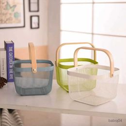 Storage Baskets Metal Mesh Steel Basket Storage Organizer Basket Multi-functional Hanging Kitchen Baskets Fruit Basket Bin with Bamboo Handle