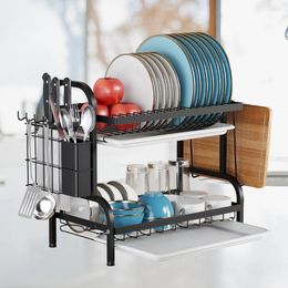 Kitchen Storage 2 Tier Dish Bowl Draining Rack Cutting Board Holder 4 Hooks Large Capacity Saving Space For Countertop