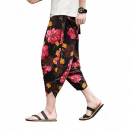 2023 Summer Harajuku Casual Calf Length Pants Mens Pants Wide Leg Cott Linen Printing Harem Pants Men Clothing Fi Baggy N67E#