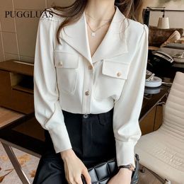 Elegant Chiffon Women Shirts Blouses Fashion French Turn Down Collar Long Sleeve Button White Shirt Top Chic Office Lady Blusas 240321