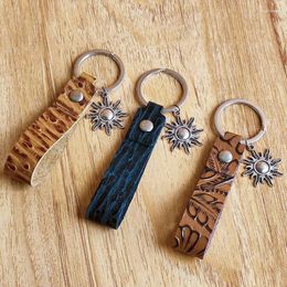 Keychains Flower Pattern Stamp Genuine Leather Anime Keychain Accessories Key Holder Ring With Metal Angel Wing Sun Cactus Phone Charm