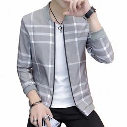 2023 Summer New Men Jacket Coat Korean Fi Thin Secti Printed Plaid Baseball Uniform Youth Boutique Clothing Simple Style 07TA#