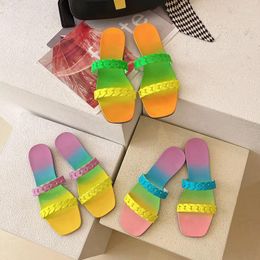 Slippers Women's Shoes Rainbow Leisure Sandals Candy Colour Chain Beach Non Slip Flat Bottom Flip Flops