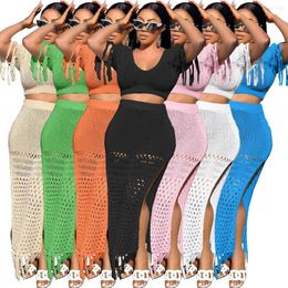 Two Piece Dress Sexy Hand Crochet Set Knit Tassels Crop Tops And Skirt Outfits Summer Holiday Clothing Beach Lady Suit